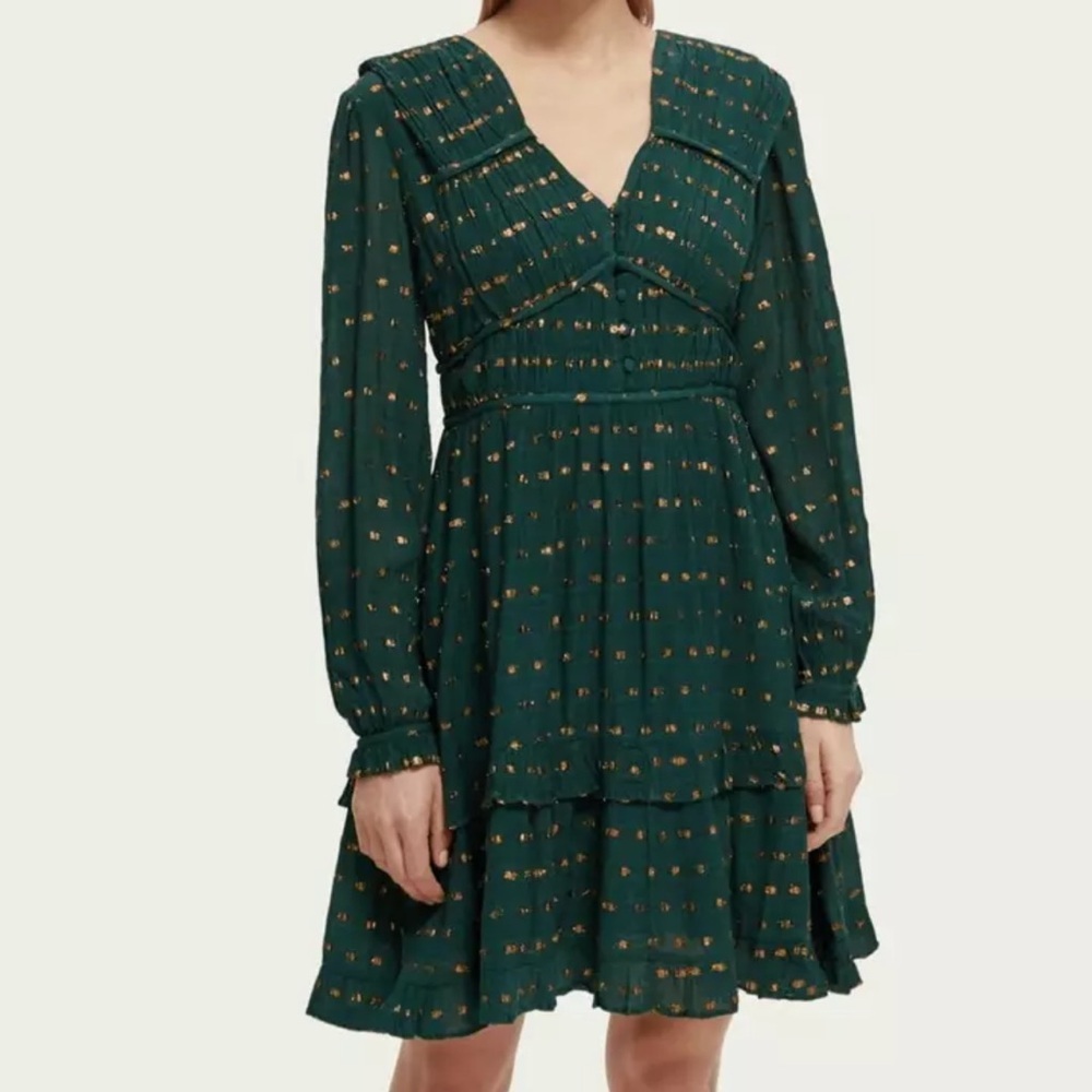 Scotch & Soda | Long Sleeved Lurex Jacquard Ruffle Green Dress